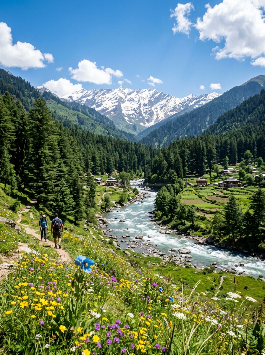 Manali valley with snow mountains